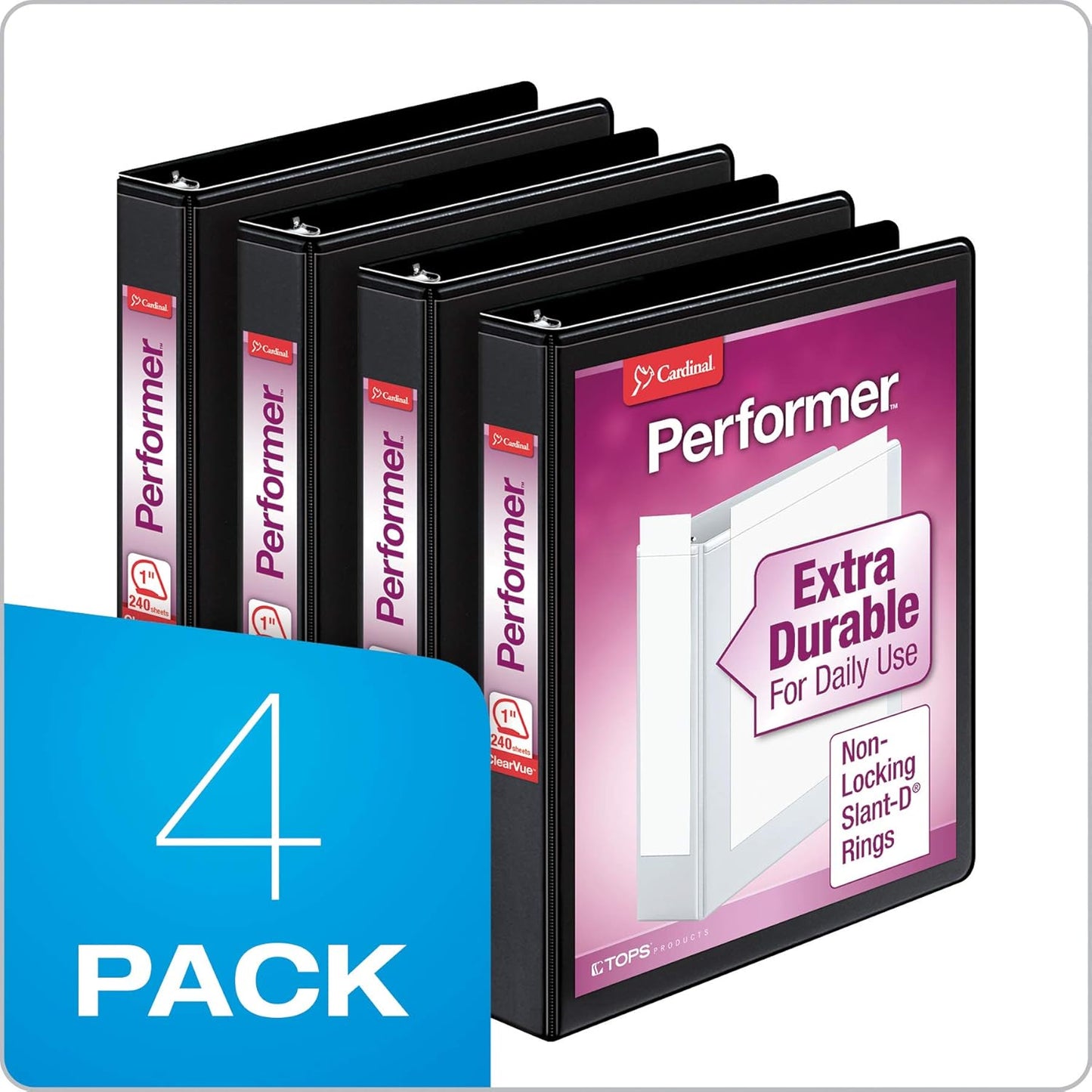 Cardinal Performer 3-Ring Binders, 2", Non-Locking Slant-D Rings, 540-Sheet Capacity, ClearVue Presentation, Non-stick, PVC-Free, Black, 4-Pack (27501)