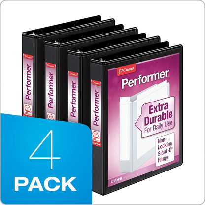 Cardinal Performer 3-Ring Binders, 2", Non-Locking Slant-D Rings, 540-Sheet Capacity, ClearVue Presentation, Non-stick, PVC-Free, Black, 4-Pack (27501)