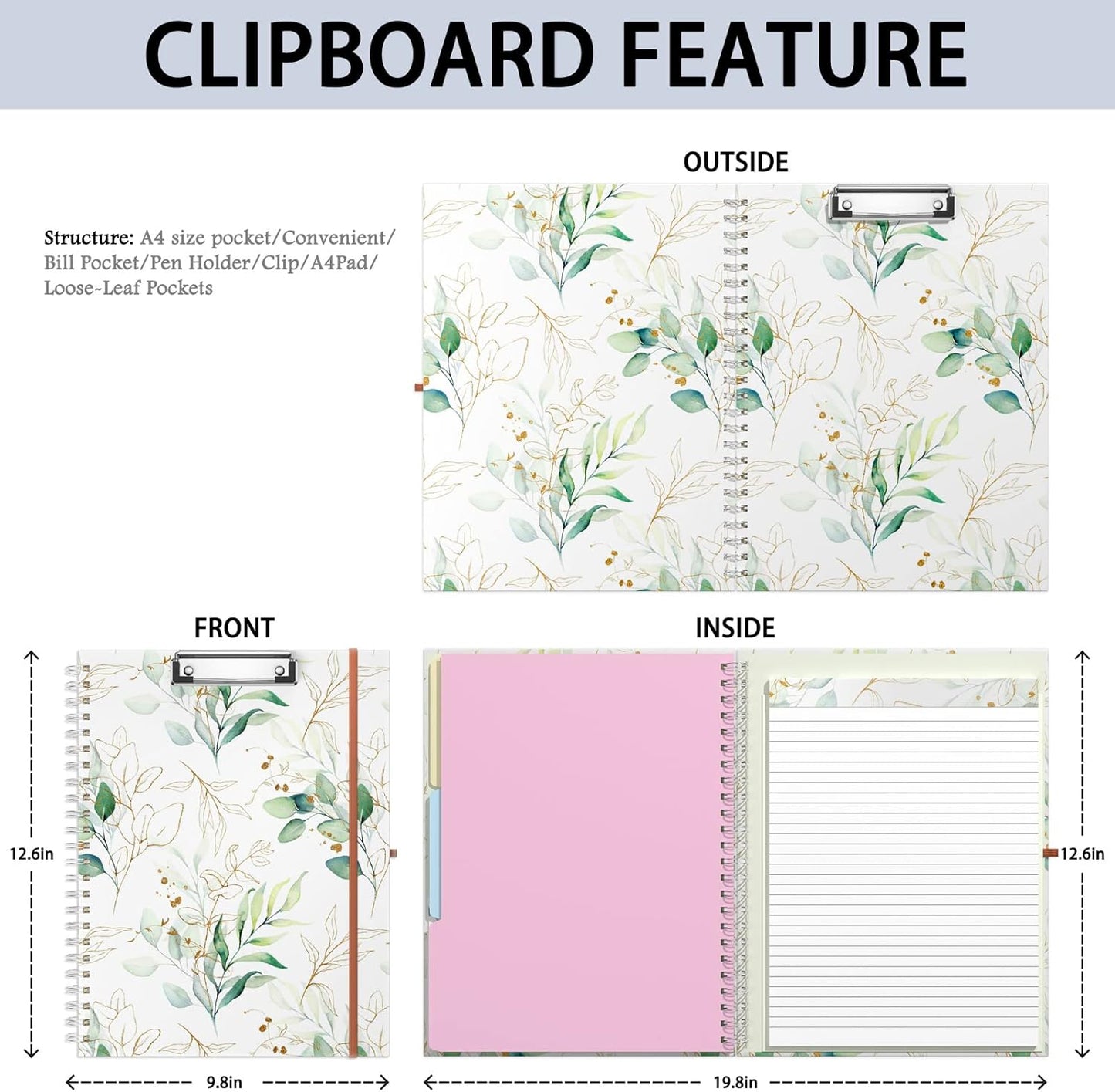 Rimilak Spiral Clipboards Folio with Refillable Lined Notepad, 14.5 x 9.8 In, Hardcover Cover with 5 Interior Pockets, Elastic Band and Pen Loop Series. Cute Stylish Clipfolio, Daisy Flower