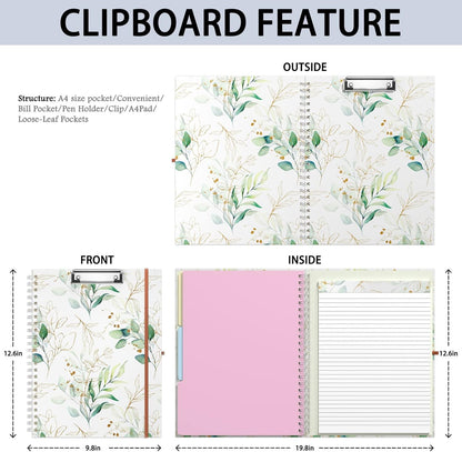 Rimilak Spiral Clipboards Folio with Refillable Lined Notepad, 14.5 x 9.8 In, Hardcover Cover with 5 Interior Pockets, Elastic Band and Pen Loop Series. Cute Stylish Clipfolio, Daisy Flower
