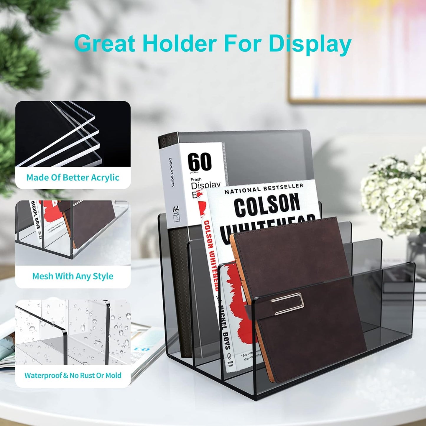 Boloyo Acrylic File Holder,1PC 2 Sections Rainbow File Organizer Mail Letter Sorter Desktop Folder Holder for Home Office School Envelope Bill Filling Paper Document