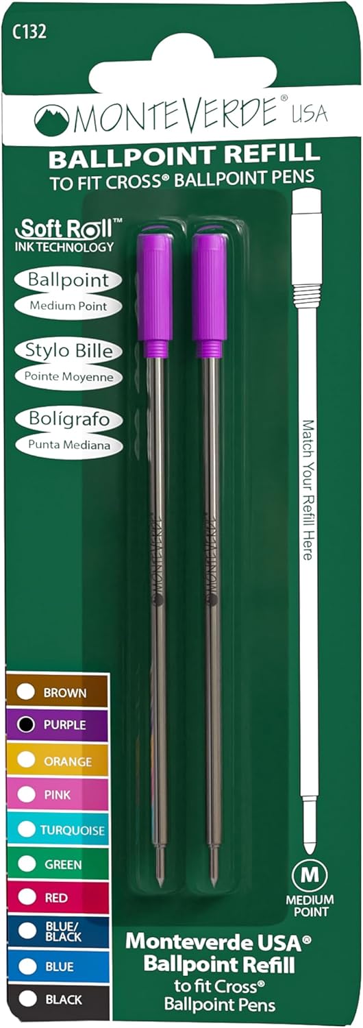 Monteverde USA Soft Ballpoint Refills to Fit Cross Pens, Medium Point, Green Ink, 2-Pack – Bold and Smooth Writing Solution