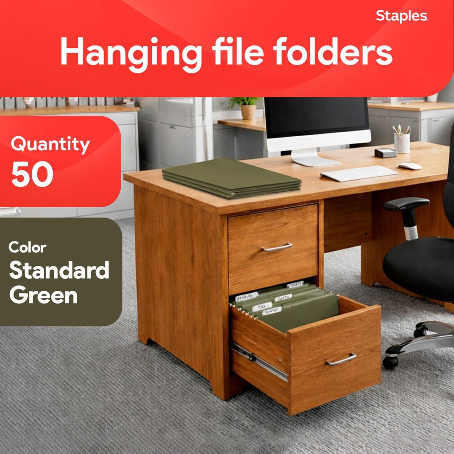 Staples Hanging File Folders, Letter Size, Blue, 5‑Tab, 1/5‑Cut Tabs, Includes Tabs & Inserts – 25/Pack