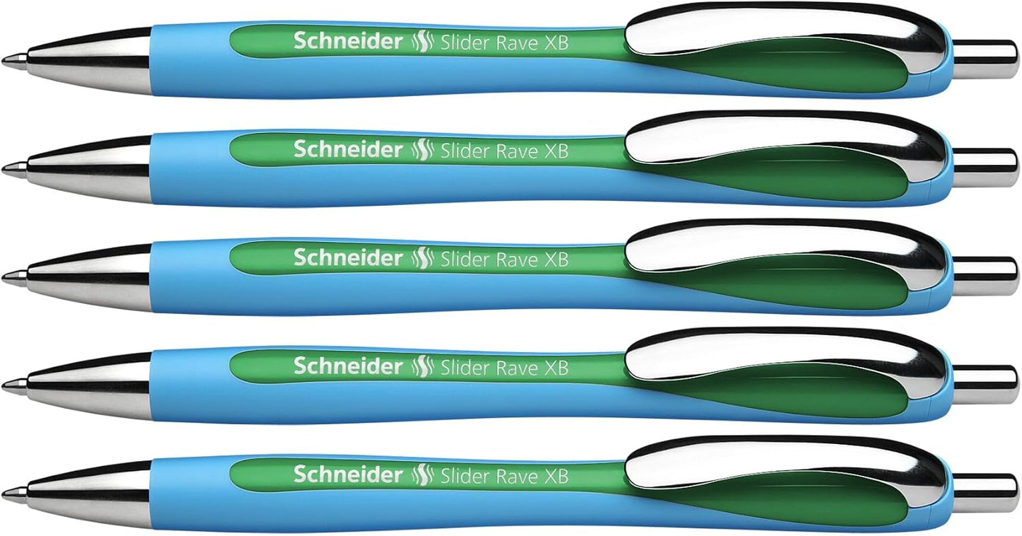 Schneider Slider Rave XB (Extra Broad) Ballpoint Pens, Refillable + Retractable, 1.4 mm, Light Blue Barrel, Blue Ink, Box of 5 Pens (132503)