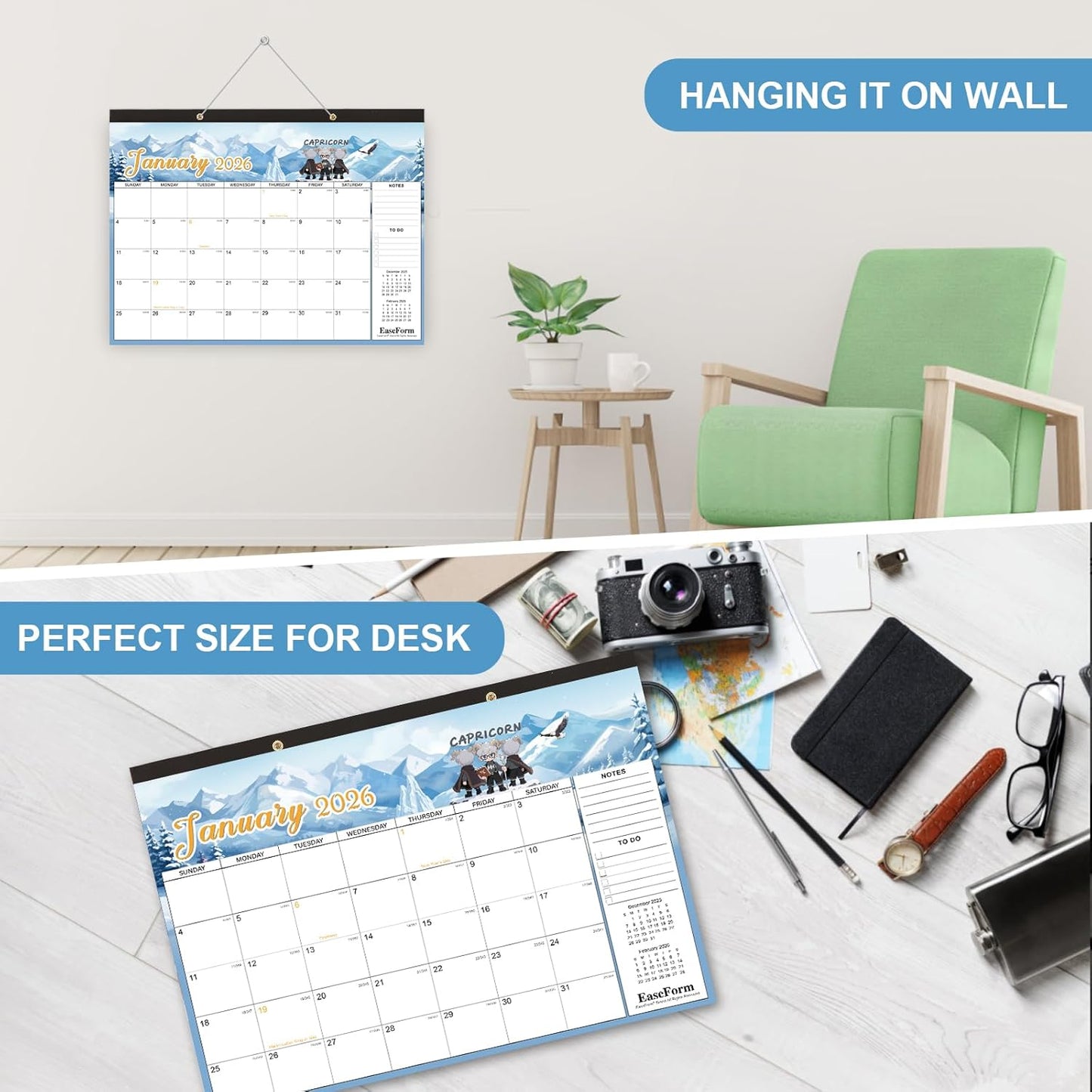24 Month Desk Calendar 2026-2027, Runs from January 2026 to December 2027, Large 17"x12" Desktop/Wall Monthly Calendar, 2 Year Academic Calendar with Note & To Do for Home, School or office