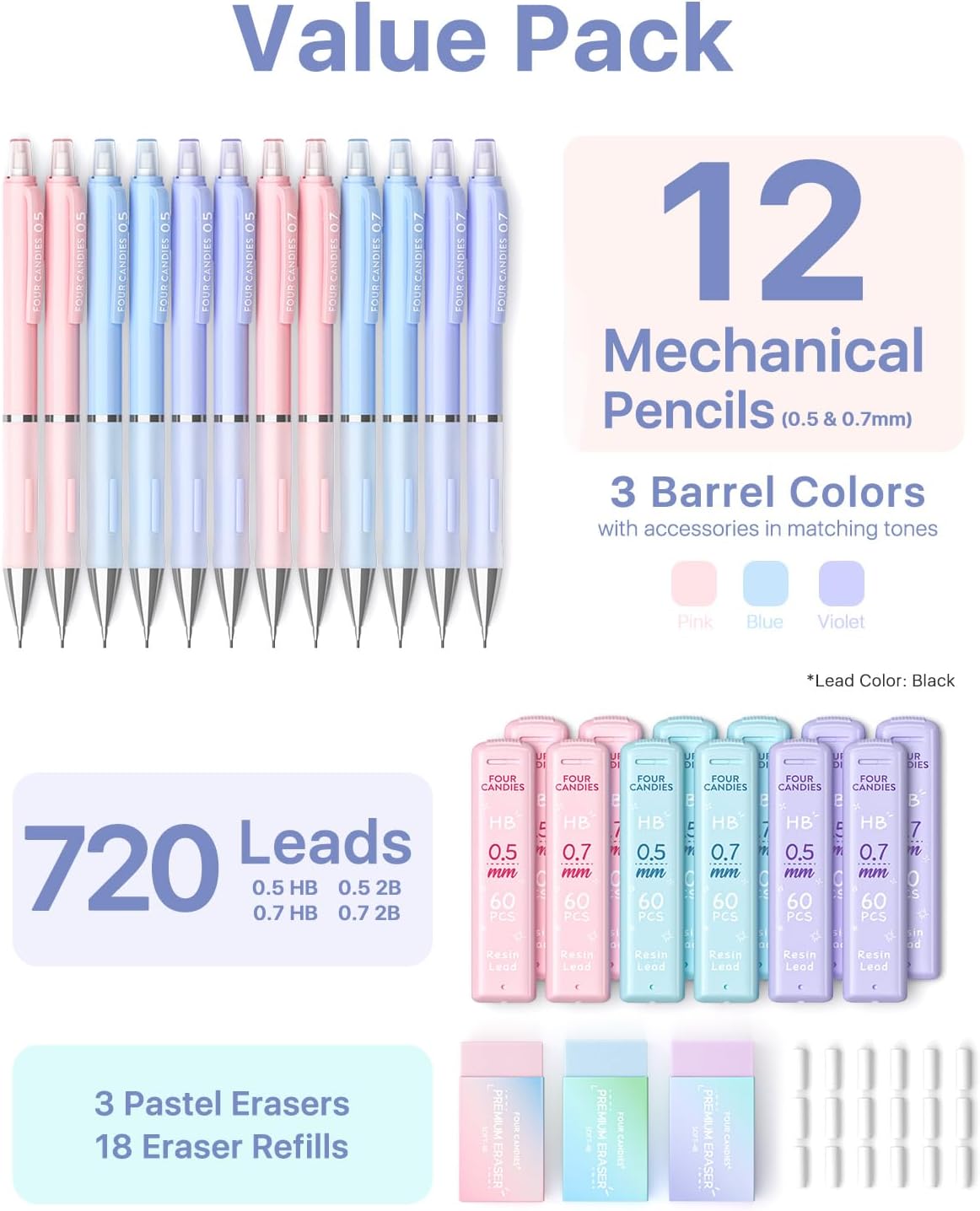 Four Candies Mechanical Pencil Set - 0.7mm (Medium Point), 6PCS Cute Pencils Mechanical with 360PCS (HB & 2B) Lead Refills & 12PCS Erasers & 1PCS Storage Case, Pastel Aesthetic Lead Pencils for School