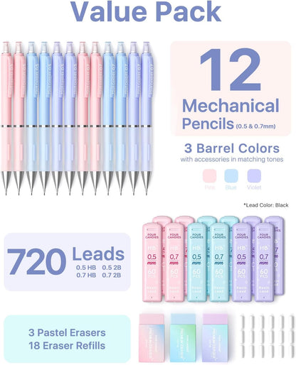 Four Candies Mechanical Pencil Set - 0.7mm (Medium Point), 6PCS Cute Pencils Mechanical with 360PCS (HB & 2B) Lead Refills & 12PCS Erasers & 1PCS Storage Case, Pastel Aesthetic Lead Pencils for School