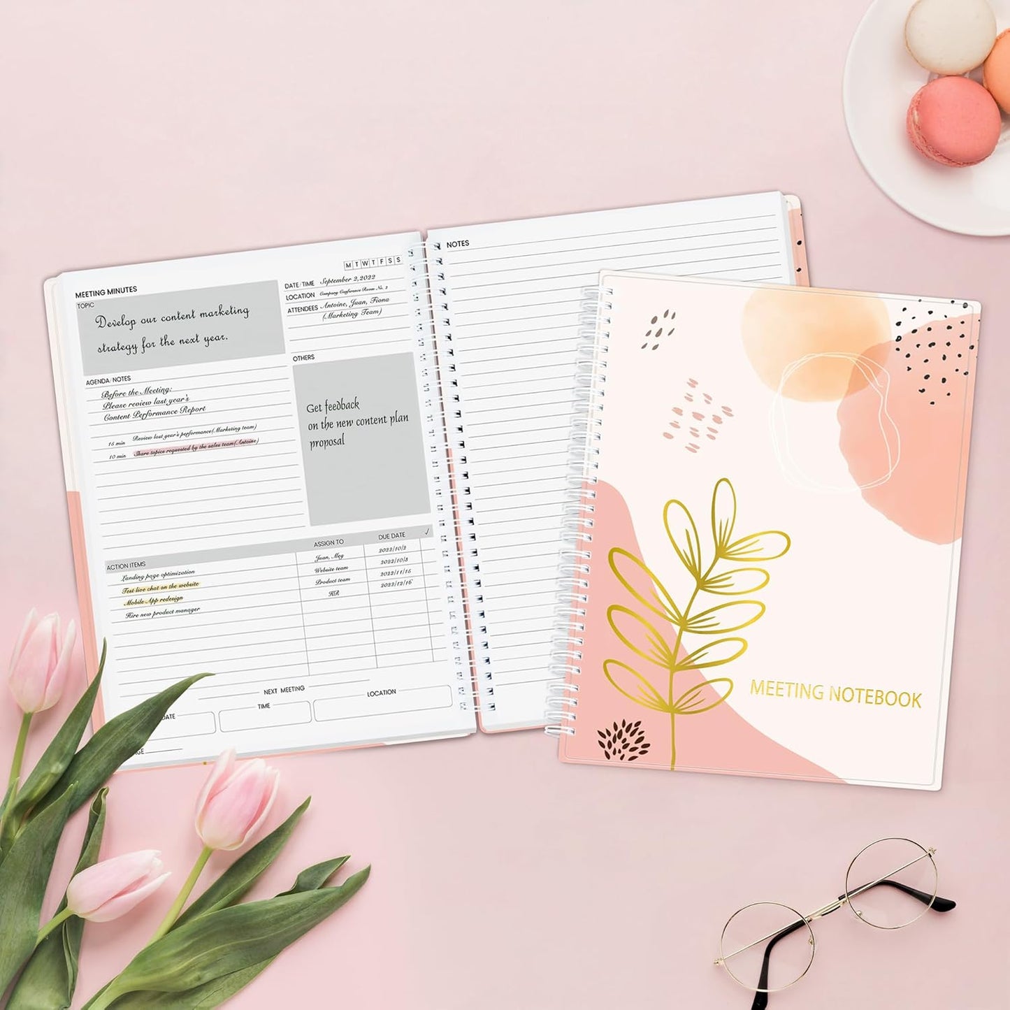SUNEE Half Meeting Half Note - 7.5"x10" Professional Notebooks for Work - 160 Pages, B5 Size Project Planner, Spiral Meeting Agenda/Minutes Organizer for Women Men, Note Taking, Office & Business