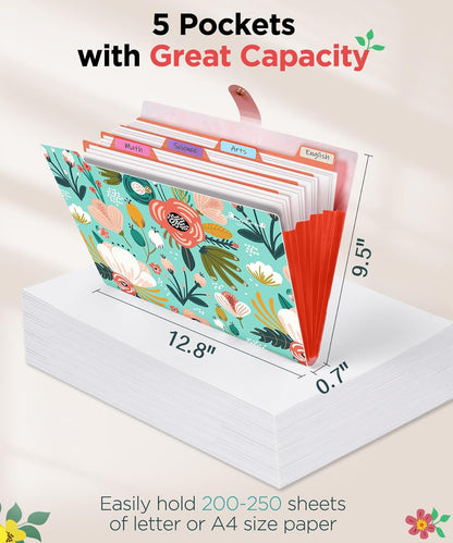 Sooez File Folders Organizer, Folders with 5 Pockets, Folders for Documents w/Sticker, Accordion File Organizer, Paper Receipt Bill Filing Organizer, School College Office Travel Essentials Supplies