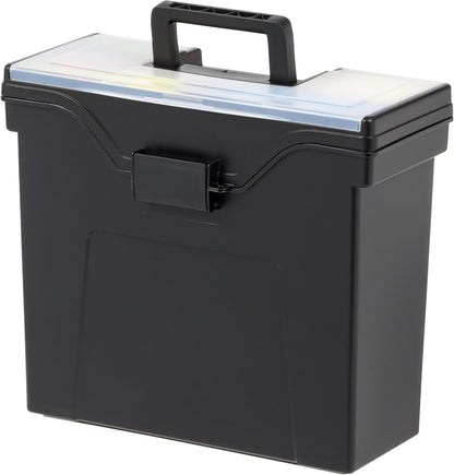 IRIS USA File Box with Lid File Organizer for Letter File w/Organizer-Lid, Plastic Mobile Filing Organizer, Water Resistant Document Box, Portable File Box with Handle, Secure Buckle, Lockable, Black