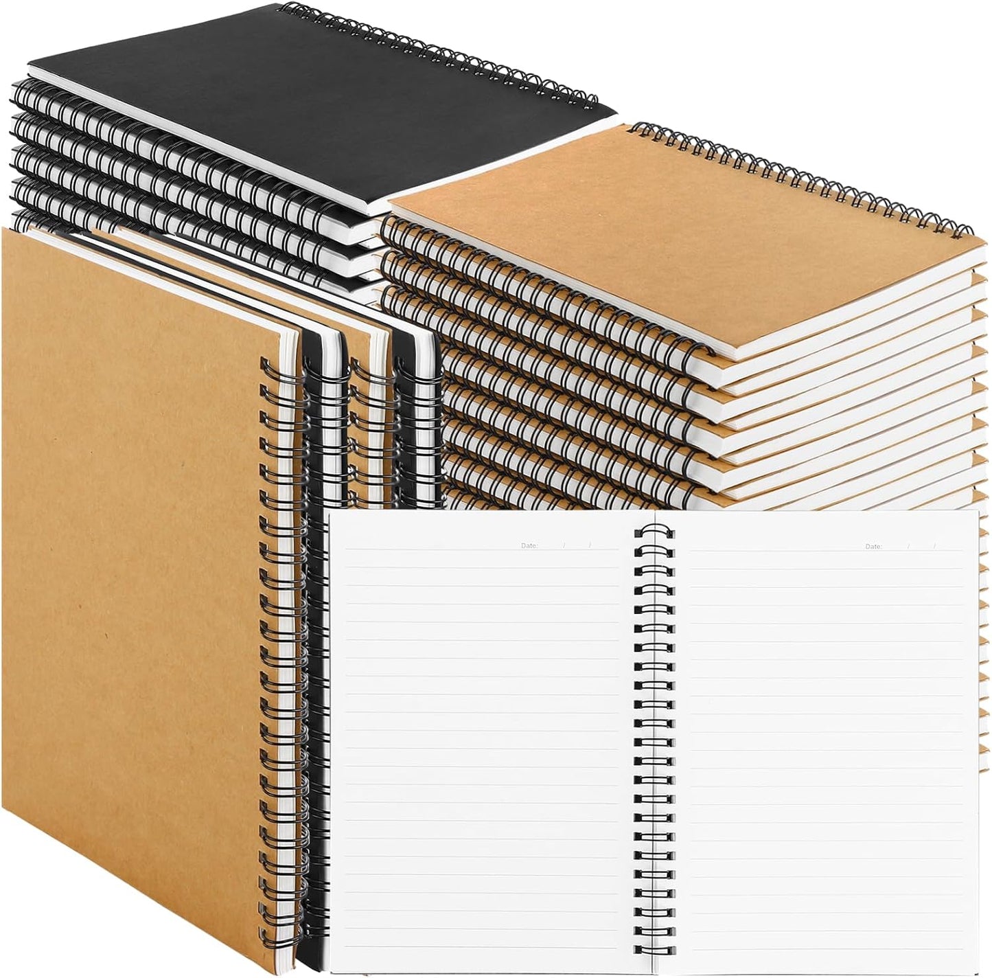 MIVIDE 24 Pack A5 Bulk Spiral Notebooks with Kraft Cover, 8.3 x 5.8 Inch 120 Pages Hardcover Spiral Lined Notebook Journal, Lined Travel Bulk Writing Notebook for School Office Supplies(Black, Kraft)