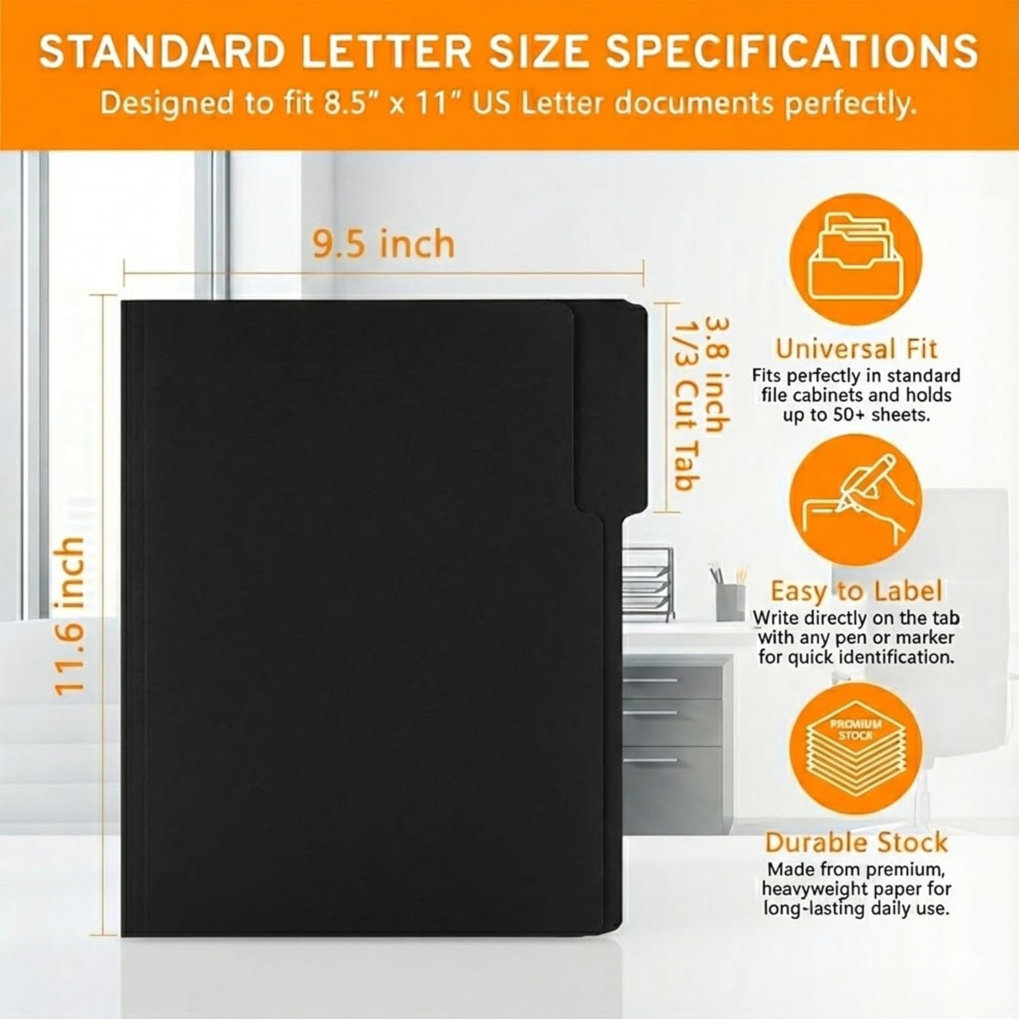 VZCPYTPM 100 Packs Black File Folder,Manilla File Folders Letter Size,1/3-Cut Tabs,8.5x11 File Folders for Office Filing,School Projects and Home,Organizer File Folder
