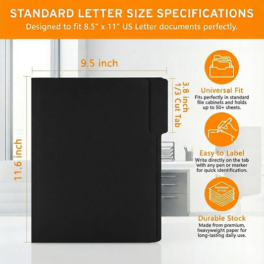 VZCPYTPM 100 Packs Black File Folder,Manilla File Folders Letter Size,1/3-Cut Tabs,8.5x11 File Folders for Office Filing,School Projects and Home,Organizer File Folder