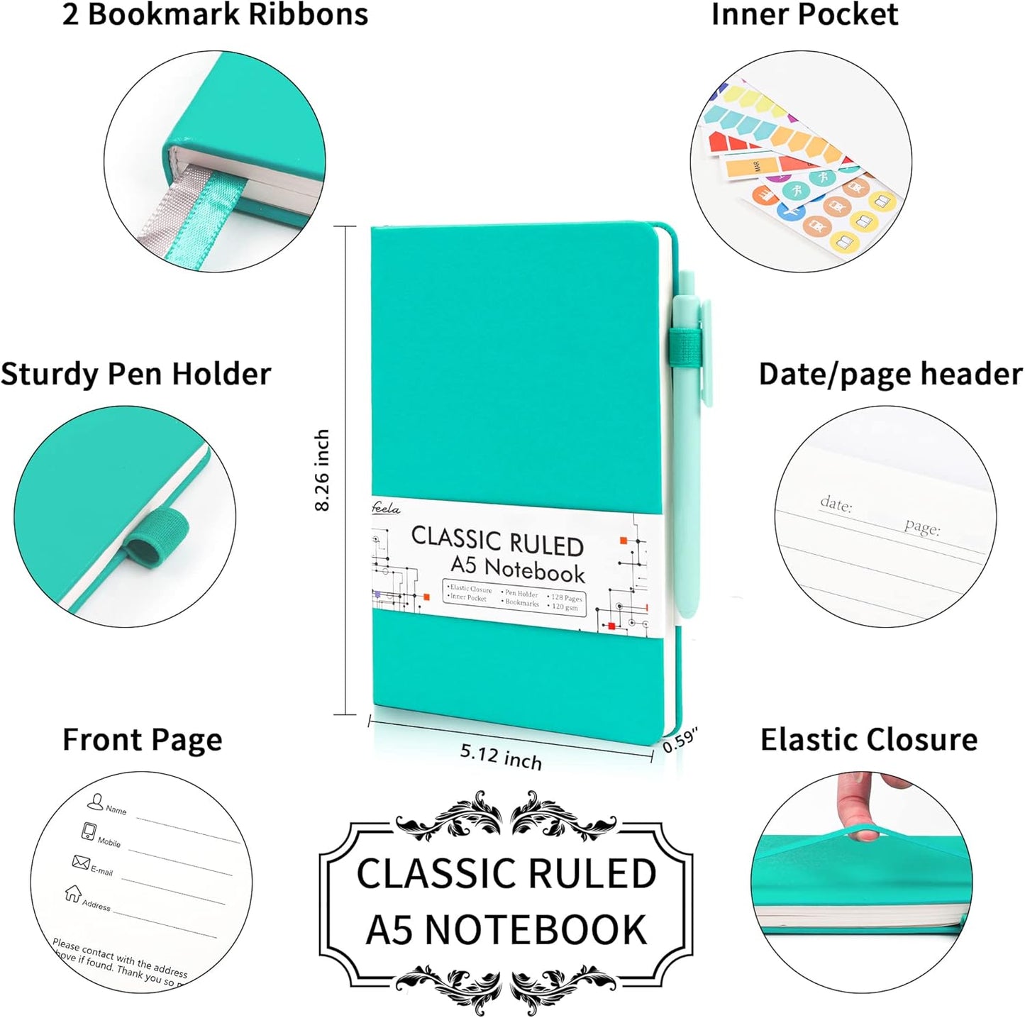 feela College Ruled Notebooks, 24 Pack Business Notebook Hardcover Lined Writing Journal with Pen Holder for Men Women Note Taking, with 24 Black Pens, 120 GSM, 5.1”x8.3”, A5, White