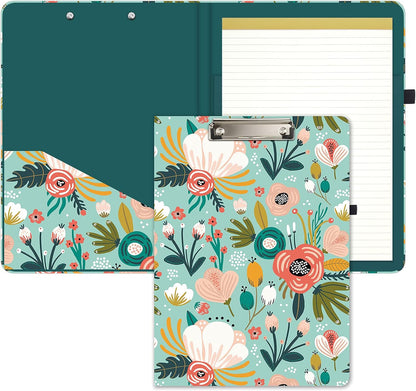 Hongri Clipboard Folio with Refillable Lined Notepad and Interior Storage Pocket for Students, Classroom, Office, Women, Man, Cute Custom Pattern, Size 12.8 x 9.2 in, Classic Flower