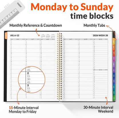 SUNEE 2026-2027 Appointment Book, Quarter-Hourly, Weekly & Monthly - from July 2026 to June 2027, 8.5"x11" Academic Planner, Flexible Cover, Note Pages, Bookmark, Spiral Binding, Black