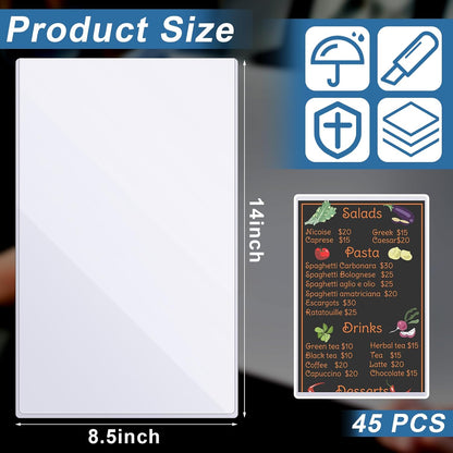 Henoyso 45 Pcs 8.5" x 14" Menu Cover Rigid Print Protectors Clear Heavy Duty Menu Holder Poster Protector Sleeve Hard Plastic Paper Sleeves for Page Sheet Photographs Document Birth Certificate