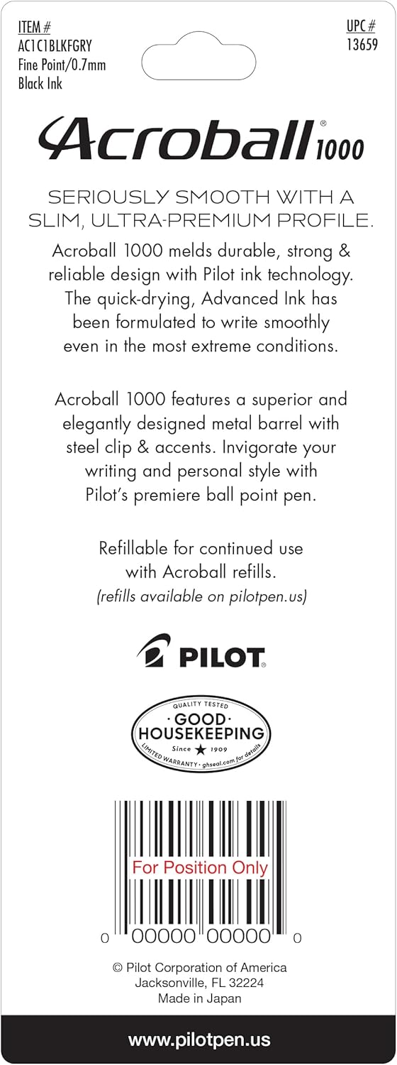 PILOT Acroball 1000 Ultra-Premium Refillable & Retractable Ball Point Pen, Gold Barrel, Fine Point, Black Ink, Single Pen (13662).