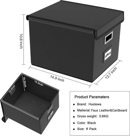 Huolewa Upgraded Portable File Organizer Box with Lid, Collapsible Linen Hanging Filing Storage Boxes with Plastic Slides, Decorative Home/Office Filing System Box for File and Folders Storage (Gray)