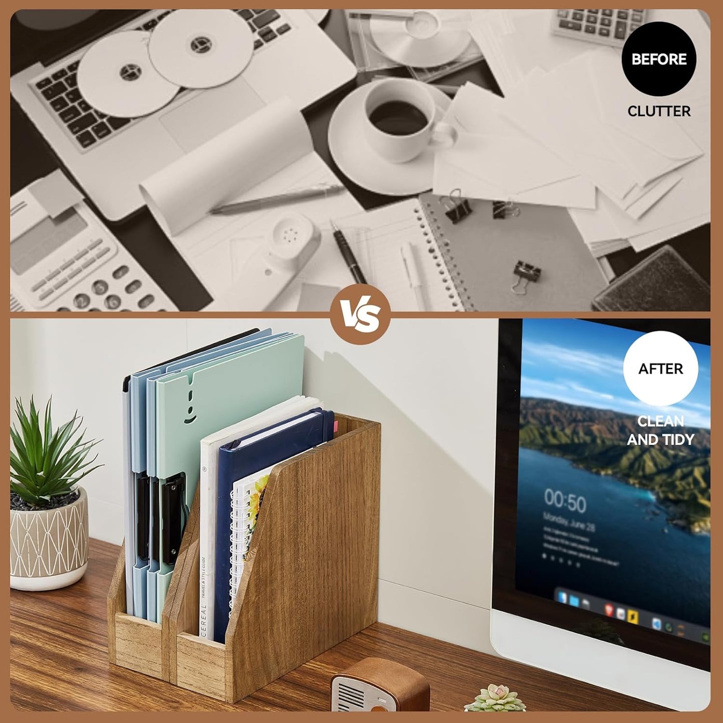 KIRIGEN Wood File Folder Holder Desktop Document Rack Organizer Desk Paper Holder Storage Sorter 2 Packs 2TWJJ-NA