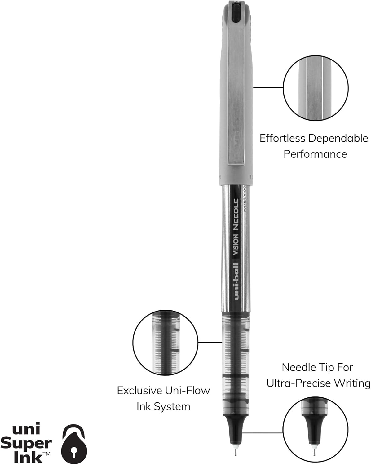uniball Vision Needle Rollerball Pen, Fine Point (0.7mm), Red Ink, 6 Pens