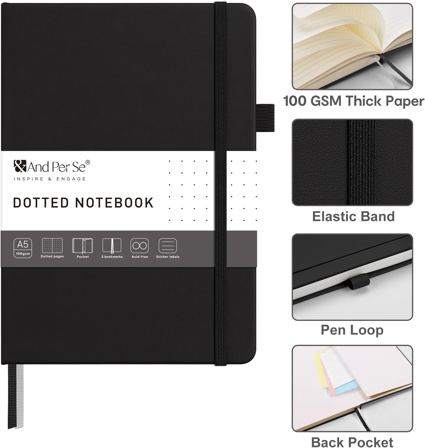 &And Per Se Lined Journal Notebook – A5 5.7”x8” College Ruled, 160 Pages, 100gsm Thick Paper, Journaling Notebooks for Writing (Black)
