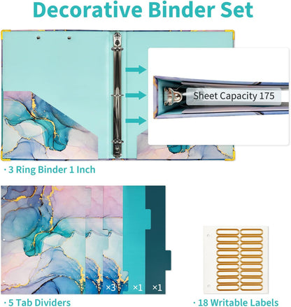 Binditek 3 Ring Binder 1 Inch, Letter Size, Binder Organizer with 5-Tab Dividers, 2 Interior Pockets, Low Profile Clip Cover, Label Stickers, 175 Sheet Capacity, Floral, 1 Pack