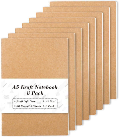 feela 90 Pack Kraft Notebooks Bulk, Lined Travel Journals Note Pad Notebooks for Men Women Girls Students, Making Plans Writing Memos Office School Supplies, A5, 60 Pages, 8.3” X 5.5”