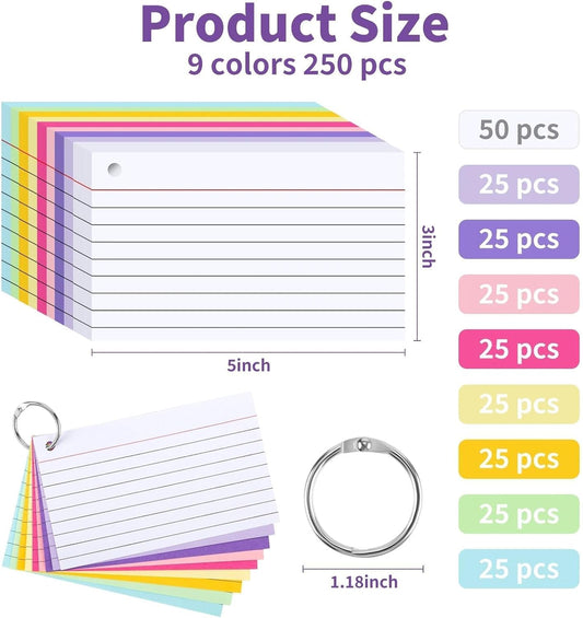 250 Count Colored Index Cards for Studying, 3x5 Inch Ruled Flash Cards 10 Color with Key Ring, 5 Packs of 50 Sheets Heavy Lined Study Note Cards with Waterproof Cover for School&Office Supplies