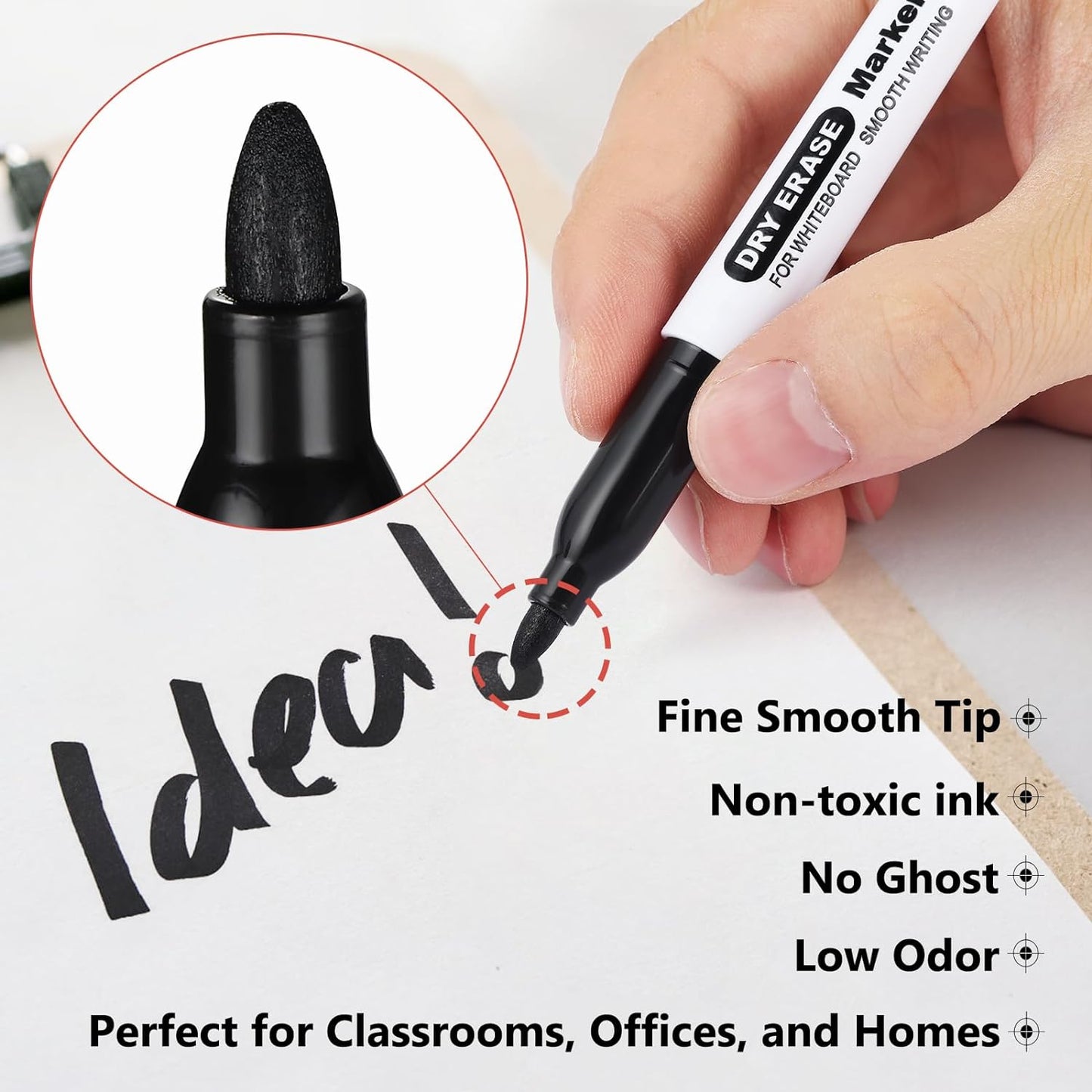 SFAIH Black Dry Erase Markers Fine Tip - 12 Pack Whiteboard Markers Standard Set For Office Teams, Teachers, Classrooms, Training Sessions | Low-Odor