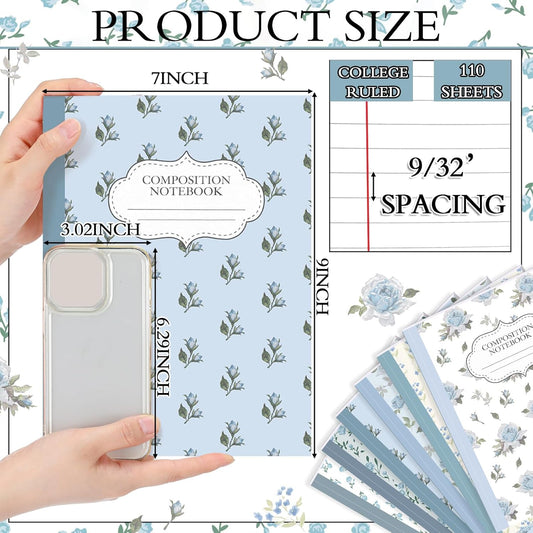MotiMind 6 Pcs Composition Notebook College Ruled Paper Flower Composition Notebook for Back to School 110 Page 7-1/2" x 9-3/4" Journal Gifts for First Day of School Students Teacher (Blue)