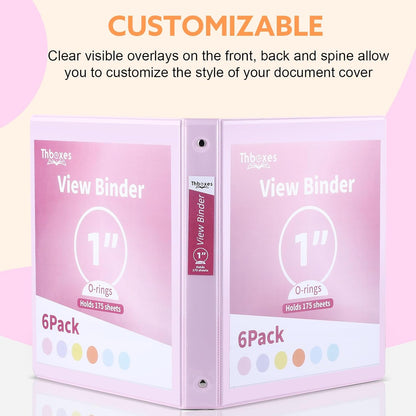 3 Ring Binder - 6 Pack, 1 Inch Binder with 2 Interior Pockets & Clear View Overlay, Large Capacity, Round Ring Binders for Office Supplies, School & Home (6 Colors)