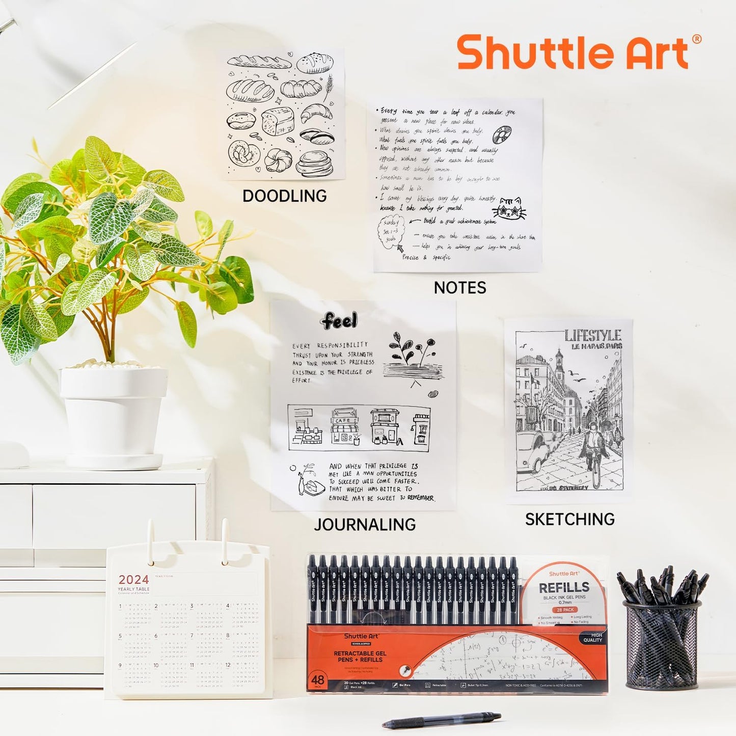 Shuttle Art Black Gel Pens, 48 Pack(20 Pens with 28 Refills) Retractable Medium Point Rollerball Gel Ink Pens Smooth Writing with Comfortable Grip for Office School Home Work