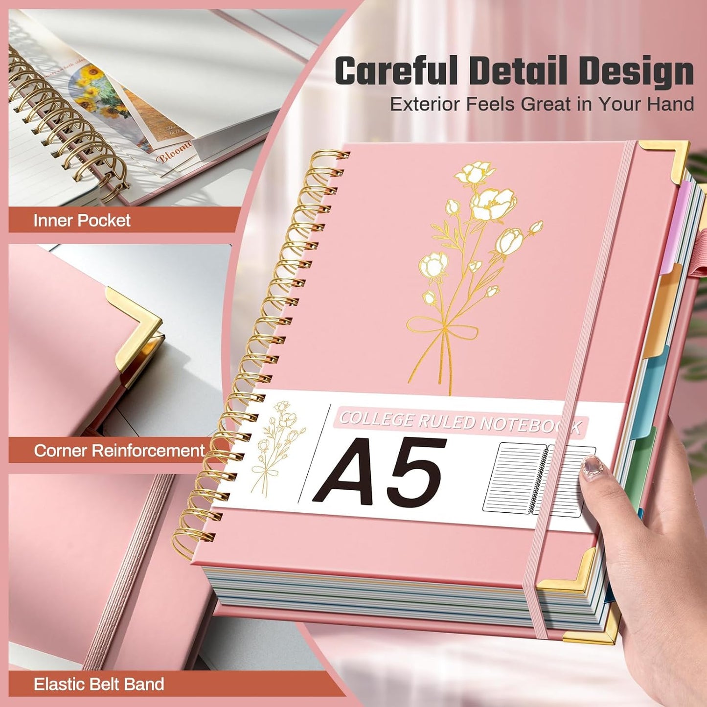 Hardcover Spiral Notebooks 8.5" X 11" Note Taking 5 Subject Notebook College Ruled with Dividers 240 Pages 100GSM Aesthetic Spiral Notebook for Work School Cute Journals for Women Writing