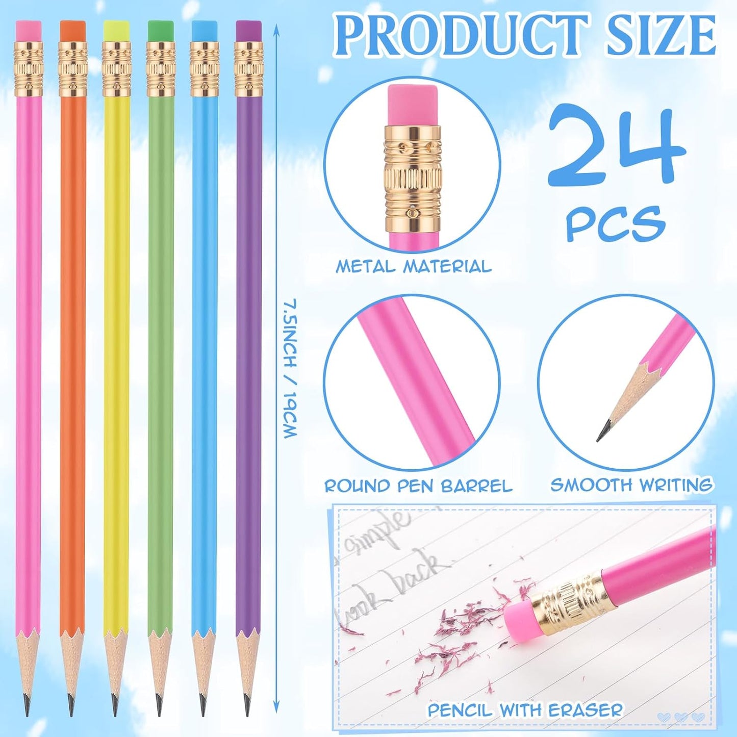 24 Pcs Round Pencils with Eraser 2 HB Cute Pencils Bulk for School Graphite Wood Color Unsharpened Pencil for Drawing Sketching Wedding School Teacher Supplies Student Reward