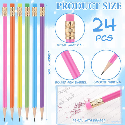 24 Pcs Round Pencils with Eraser 2 HB Cute Pencils Bulk for School Graphite Wood Color Unsharpened Pencil for Drawing Sketching Wedding School Teacher Supplies Student Reward