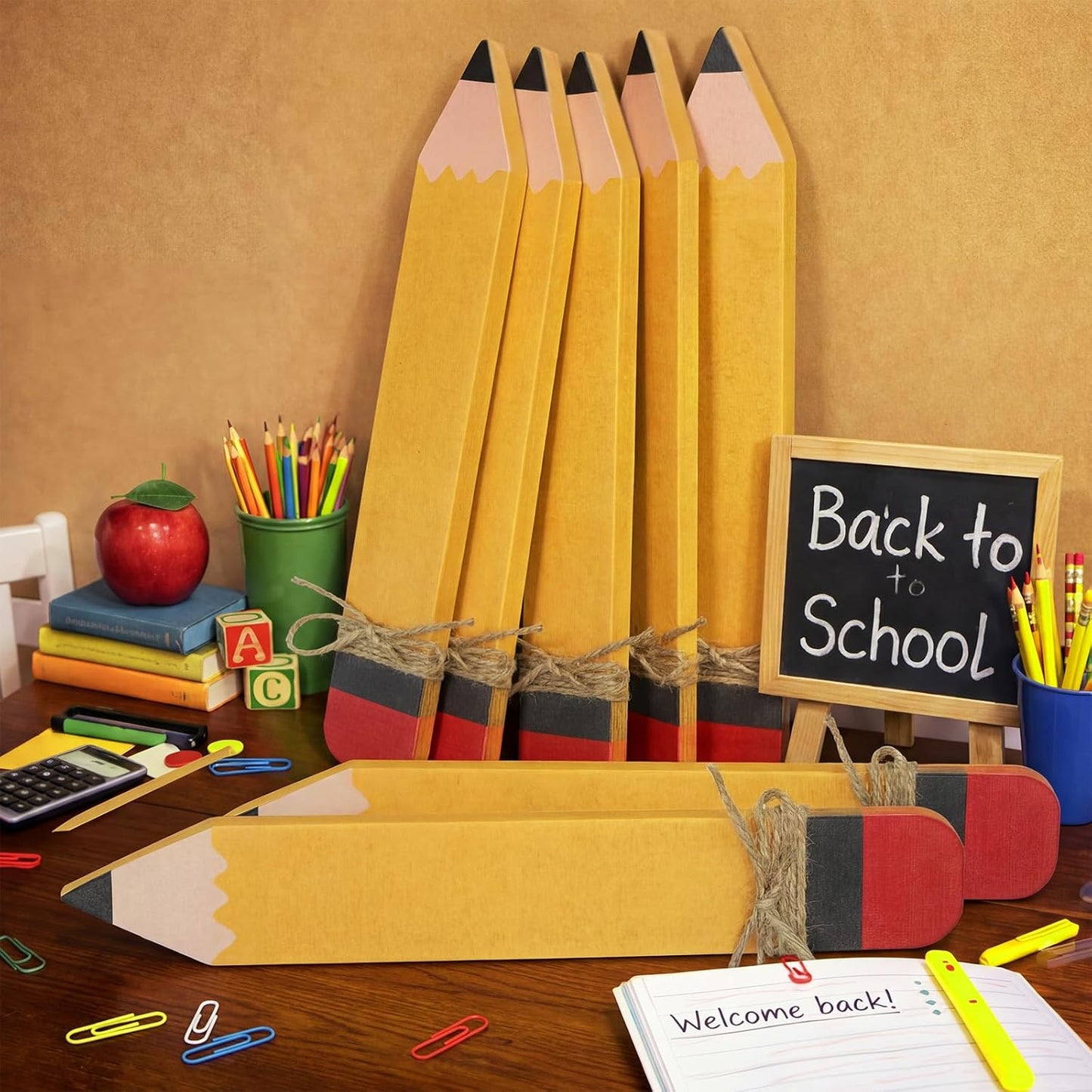 Novabright 7 Pcs Back to School Wooden Pencil Tiered Tray Decor First Day of School Pencil Signs Farmhouse Rustic Table Centerpiece Tabletop Ornaments for Classroom Teacher Desk Shelf Display Home