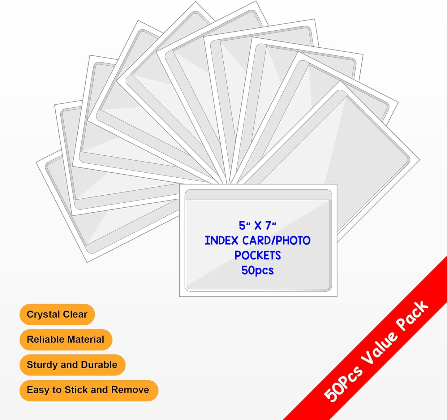 Clear Adhesive 3" x 5" Index Card Pockets With Top Open Loading, 50 Pack, Plastic Labels Holders for Storage Bins and Library, Ideal for Organizing and Protecting Your Cards