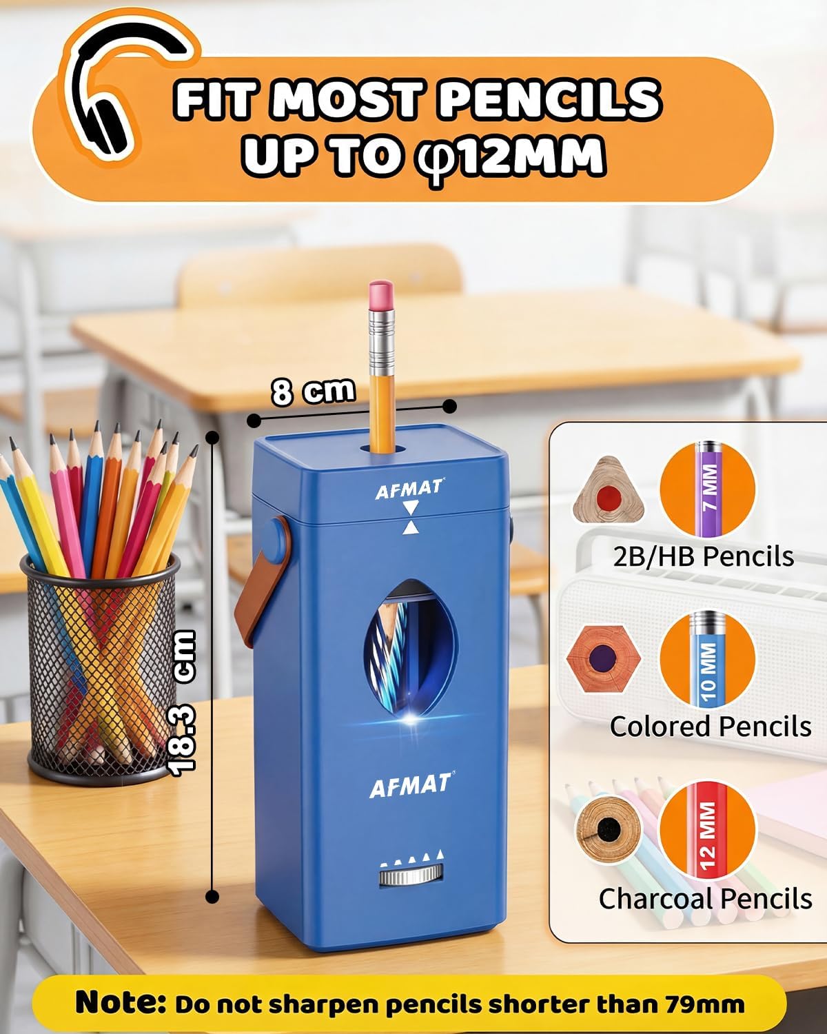 AFMAT Electric Pencil Sharpener, Rechargeable & Cordless, Fully Automatic Pencil Sharpener for Classroom, Auto in & Out, 5 Sharpness Modes, Heavy Duty Sharpeners for 6-12mm No.2/Jumbo Pencils PSC7