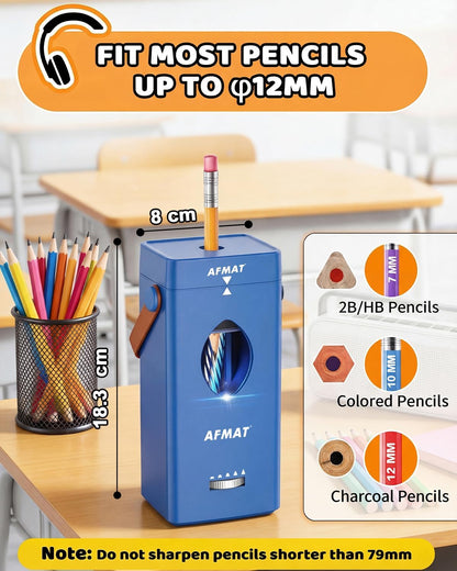 AFMAT Electric Pencil Sharpener, Rechargeable & Cordless, Fully Automatic Pencil Sharpener for Classroom, Auto in & Out, 5 Sharpness Modes, Heavy Duty Sharpeners for 6-12mm No.2/Jumbo Pencils PSC7
