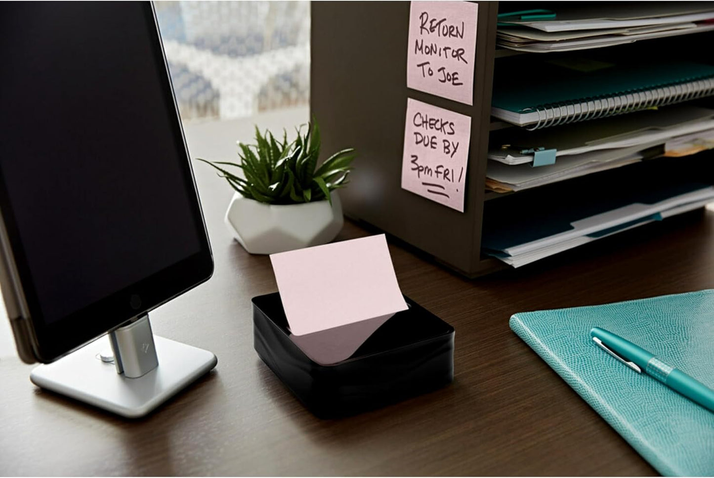 Post-it Note Dispenser, Sticky Note Holder, Black Wave Design, Includes 3 Pads of 90 Sheets of 3 in x 3 in Pop-Up Notes, Classroom or Office Supplies