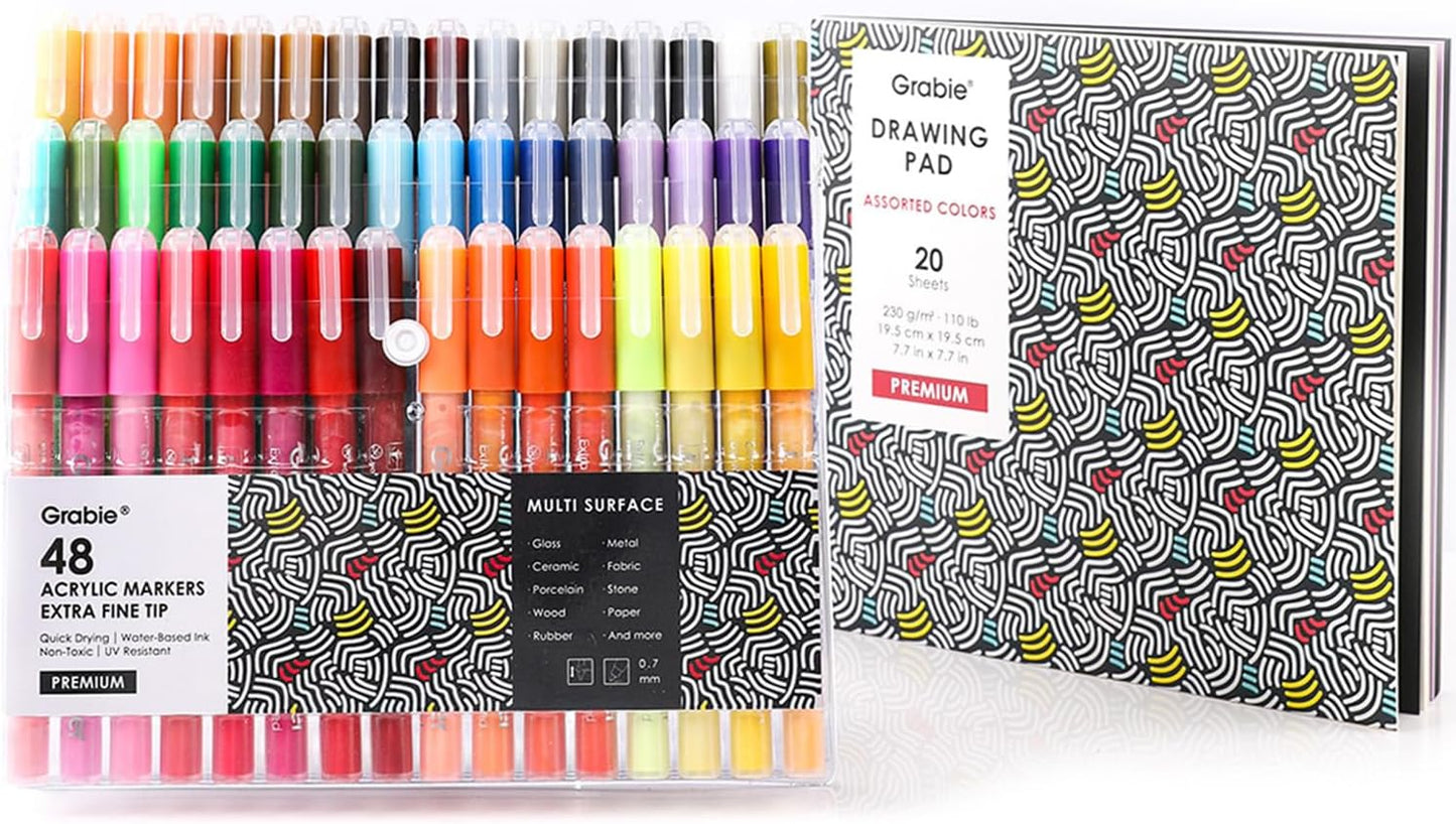 Grabie Black & White Extra Fine Tip Acrylic Paint Marker Set, 6 Pack, 0.7mm Acrylic Paint Pens for Highlights and Fine Details on Drawings, Rock Painting Glass Canvas Wood, White Highlight Markers