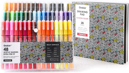 Grabie Black & White Extra Fine Tip Acrylic Paint Marker Set, 6 Pack, 0.7mm Acrylic Paint Pens for Highlights and Fine Details on Drawings, Rock Painting Glass Canvas Wood, White Highlight Markers