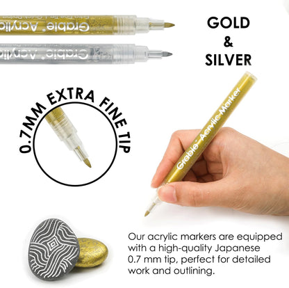 Grabie Black & White Extra Fine Tip Acrylic Paint Marker Set, 6 Pack, 0.7mm Acrylic Paint Pens for Highlights and Fine Details on Drawings, Rock Painting Glass Canvas Wood, White Highlight Markers