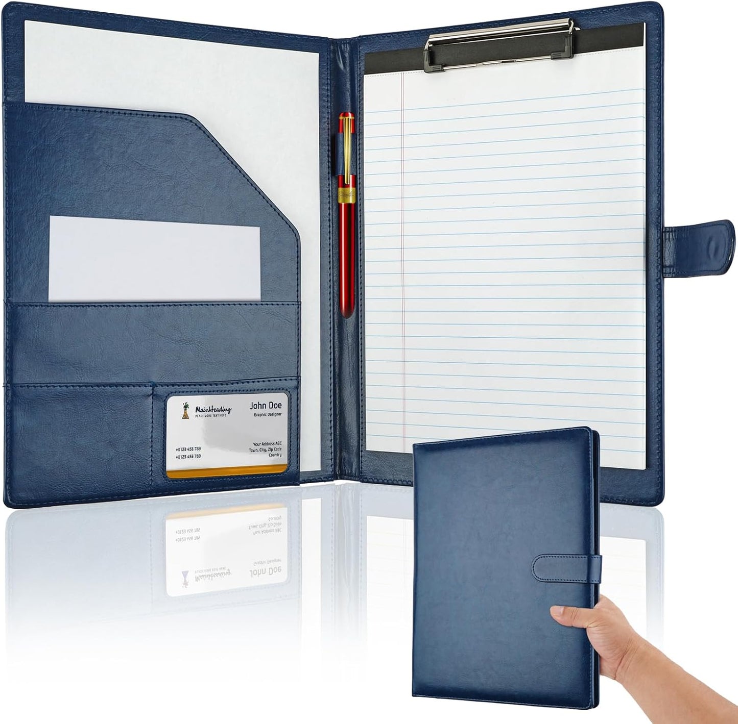 Professional Padfolio with Clipboard, Faux Leather Portfolio Folder Binder, Legal Pad Holder for A4 Letter Size Notepad, Resume, Writing Pad, Ideal Organizer for Business Office Conference, Black