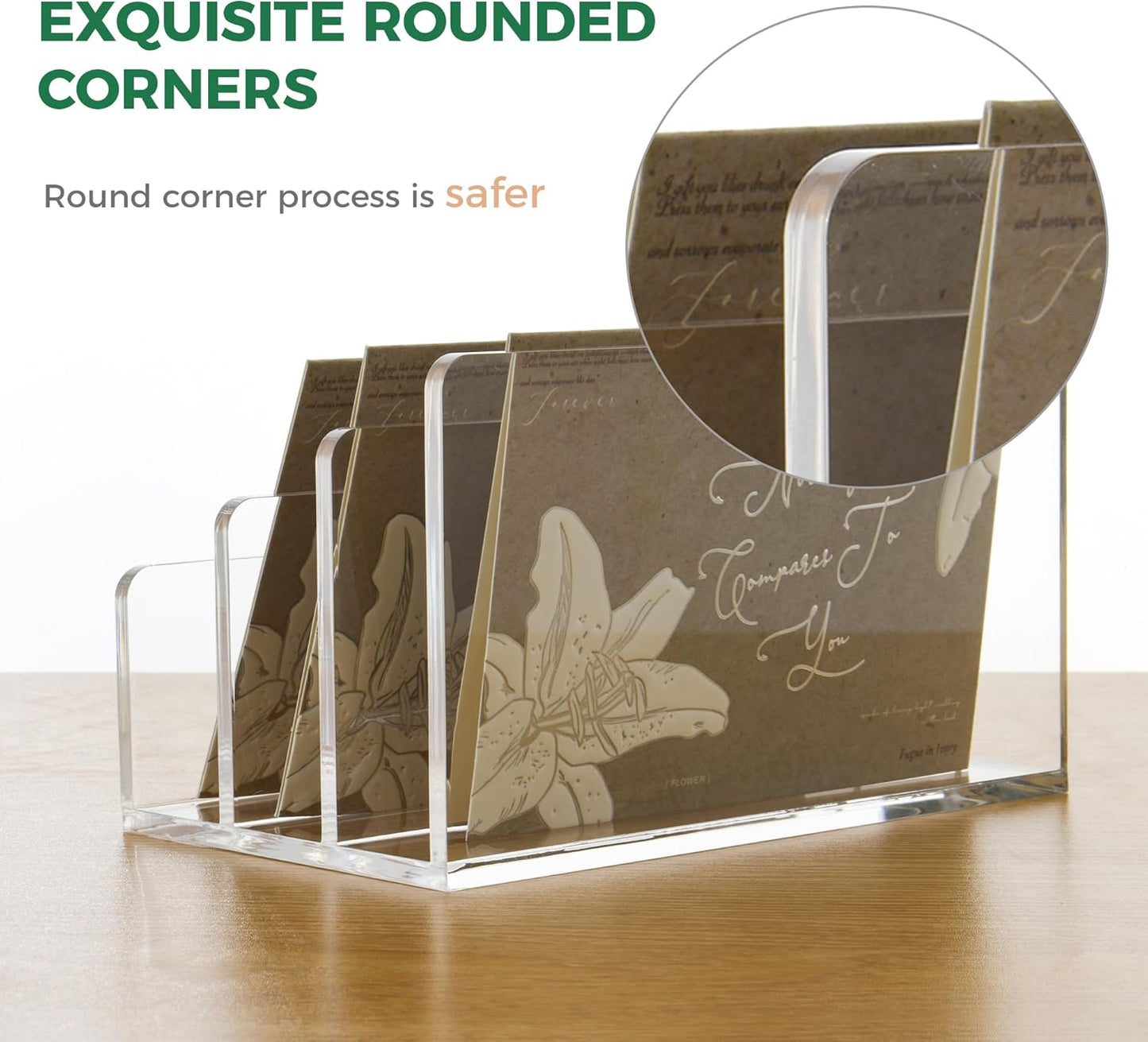 5 Compartments Clear Acrylic Mail Holder – Vertical Letter Sorter & Multifunction Desk Organizer for Bills, Documents, Notebooks – Modern Office/Home Envelope File Rack