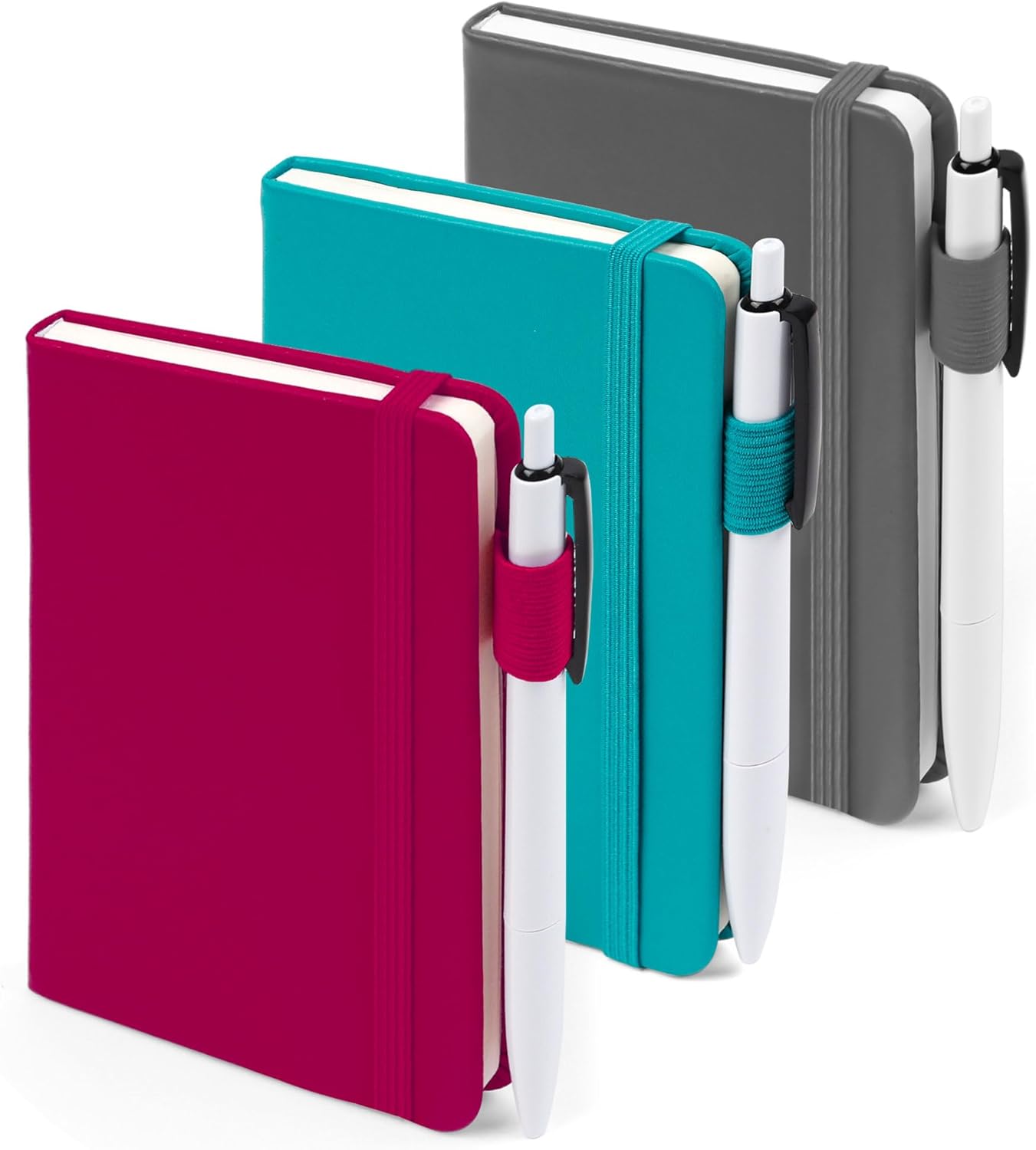 feela 3 Pack Pocket Notebook Journals with 3 Black Pens, A6 Mini Cute Small Journal Notebook Bulk Hardcover College Ruled Notepad with Pen Holder for Office School Supplies, 3.5”x 5.5”, Gray
