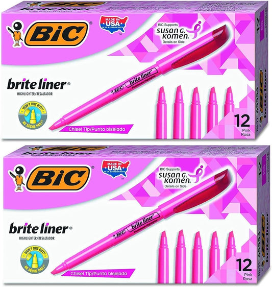 BIC Brite Liner Highlighter, Chisel Tip, Pink, 24-Count