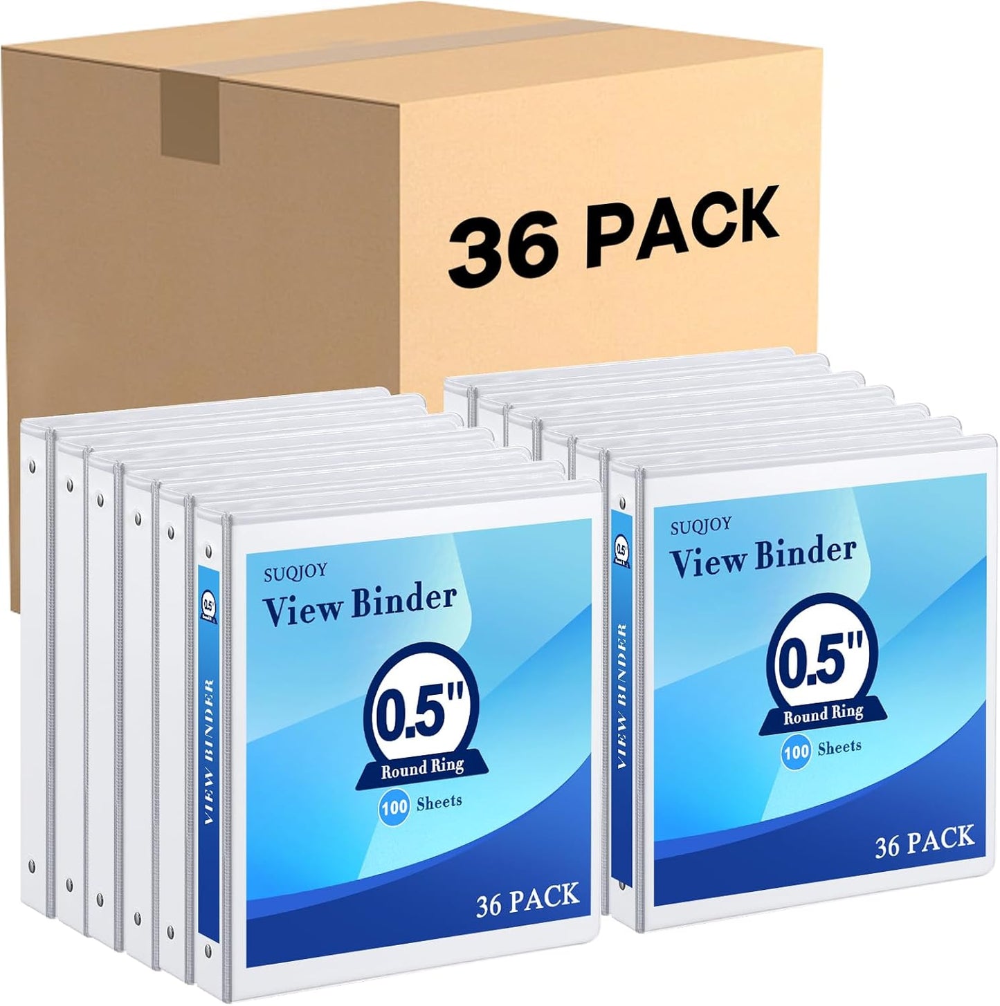 1/2 Inch 3-Ring Binder, 0.5-inch Round Ring Binder with 2 Inside Pockets, 12 Pack White Binders, Clear View CoverBinder Holds 8.5'' x 11''Paper for Office/Home/Back to School