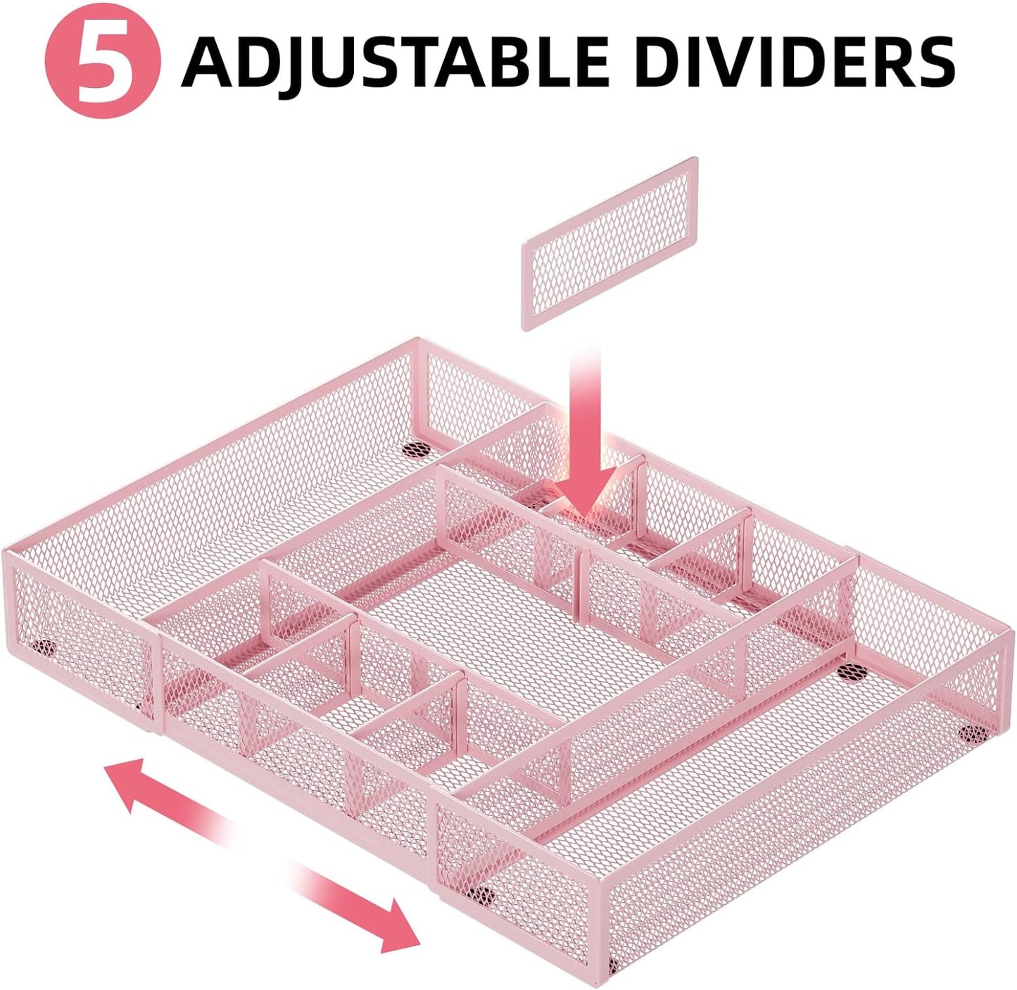 Marbrasse Expandable Desk Drawer Organizer, Mesh Drawer Organizer Tray with 10 Adjustable Compartments, Desk Organizers and Accessories, 5 Dividers Drawer for Office Supplies, Makeup & Vanity (Black)